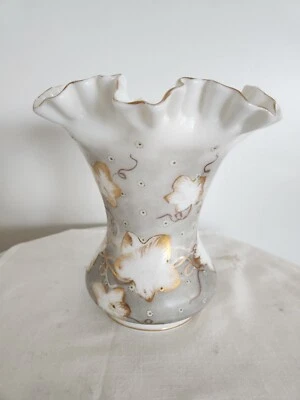 Rare Fenton Charleton Hand Painted Gold Ivy Milk Glass Crest Vase - Image 1 of 4