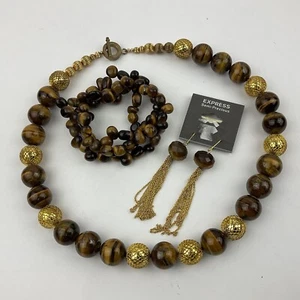 Genuine Tiger’s Eye Necklace Bracelet NWT Express Earring Set Beaded Tassels - Picture 1 of 12