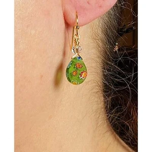 Green Millefiori Earrings Flowers Drop Hook Hypoallergenic 14K Gold Filled Boho - Picture 1 of 7