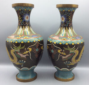 Pair of Antique Chinese Cloisonne Five Claw Dragon Vases       