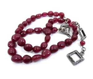 Genuine Tumbled RED RUBY BEAD Strand 925 Sterling Silver 3 Toggle Clasp Necklace - Picture 1 of 7