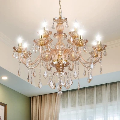 Lámpara de araña de cristal K9 de lujo 12 luces, colgante de iluminación de cristal dorado ámbar C... Foto 1 de 4