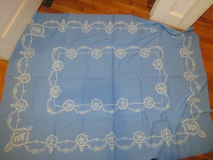Vtg Blue Tablecloth Raised Velvet Print Floral Design 1950s Rectangular 68x52" - Picture 1 of 5