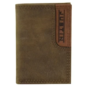 Justin Trifold Wallet Brown Genuine Leather 2-Tone Embossed Logo Western RFID - Picture 1 of 3