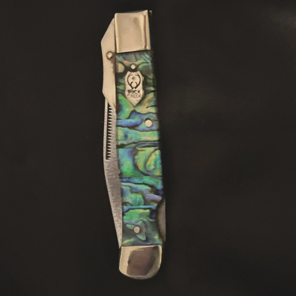 Antique Solingen Germany Buck Creek, Swing Guard Cheetah, ABALONE scales Etching - Image 1 of 4