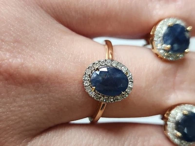 Juego de anillos y pendientes de diamantes de zafiro 14k Foto 1 de 4