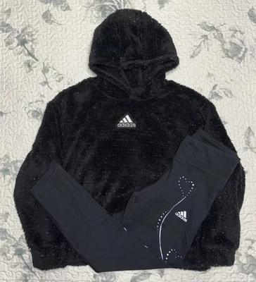 Niñas Adidas Negro/Plateado Sherpa Sudadera con Capucha y Negro/Azul Leggings Talla/M (10-12) Foto 1 de 4