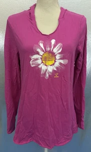 Life Is Good T-Shirt Womens Sz M Pink Daisy Flower Hooded Cotton Long Sleeve - Picture 1 of 5