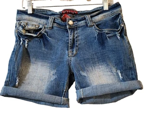 Red Rivet Womens Cut Off Midi Jean Shorts Size 11 Jrs Blue Roll Cuff Stretch  - Picture 1 of 8
