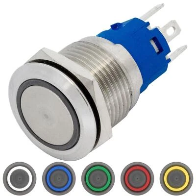 Stainless steel Pressure switch Flat Ø19mm Ring LED IP65 2,8x0,5mm Pins 250V 3A  - Image 1 of 3
