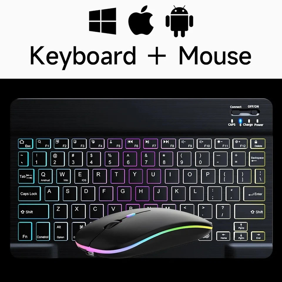 Black Wireless Bluetooth Keyboard and Mouse Android iOS Windows Mini Backlight - Image 1 of 4