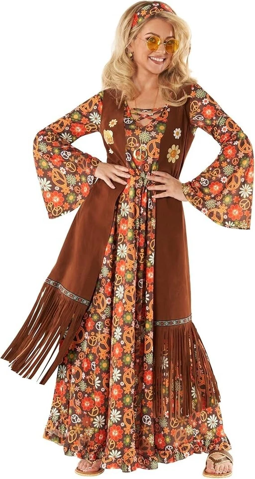 Women`s Long Hippie Costume S-XXL Ladies Hippy Dress 70`s Flower Child Halloween - Image 1 of 4