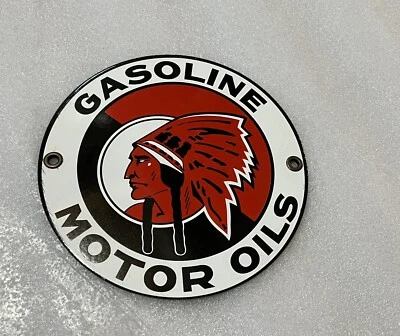 6 Inch Red Indian OIL PORCELAIN ENAMEL SIGN Oil Gas pump Plate - Image 1 of 2