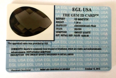 EGL USA CERTIFIED & APPRAISED 7.29 CT PEAR BROWN NATURAL SMOKY QUARTZ VALUE $220 - Image 1 of 4