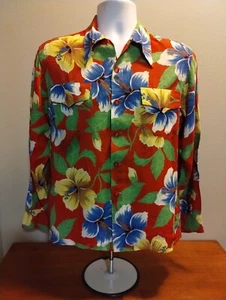 1950s Ashfield "Duke of Hollywood" Floral Rayon L/S Aloha Flap Pocket Shirt M - Bild 1 von 9