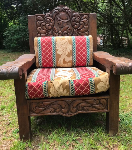 RARE Spanish Mexican Hacienda Hand Carved Wooden Couch & Chair Heavily Carved Cover