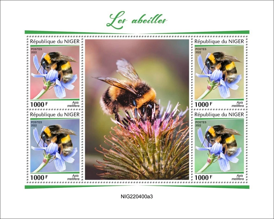 Estampillas de abejas insectos MNH 2022 Níger M/S Foto 1 de 1