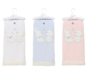 BABY DIMPLE WRAP COT PRAM SOFT SHERPA BLANKET WHITE BLUE PINK BUNNY & BEAR GIFT - Picture 1 of 13