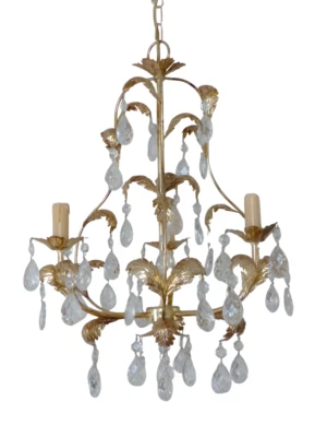 Encantadora araña italiana vintage 1980 toleware dorado prismas transparentes follaje Foto 1 de 4