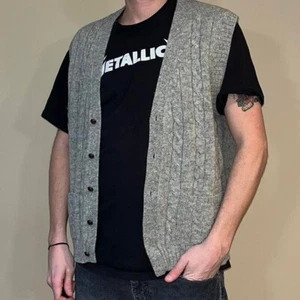 Grey vintage 70s Style 100% wool button up cable knit sweater vest knit XL Thane - Picture 1 of 8