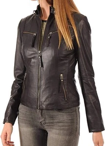 Chaqueta de moto de cuero genuino de piel de cordero para mujer Abrigo elegante negro de Navidad - Imagen 1 de 5