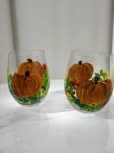Pumpkin Hand Painted Set Of Two Stemless Wine Glass - Picture 1 of 3