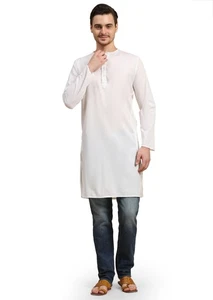 SKAVIJ Kurta for Men Cotton Long Shirt Indian Wedding (X-Large, White) - Picture 1 of 7