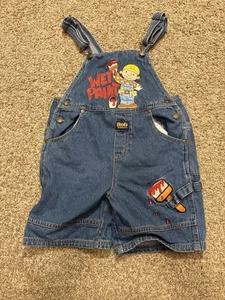 Salopette vintage Y2K Bob The Builder denim pantaloncini bambino 5T bavaglini cartone animato - Foto 1 di 3