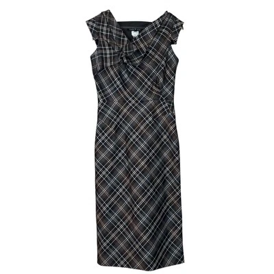 Lida Baday Plaid Asymmetric Pleated Midi Cocktail Dress Brown Black Tan Size 4 - Image 1 of 4