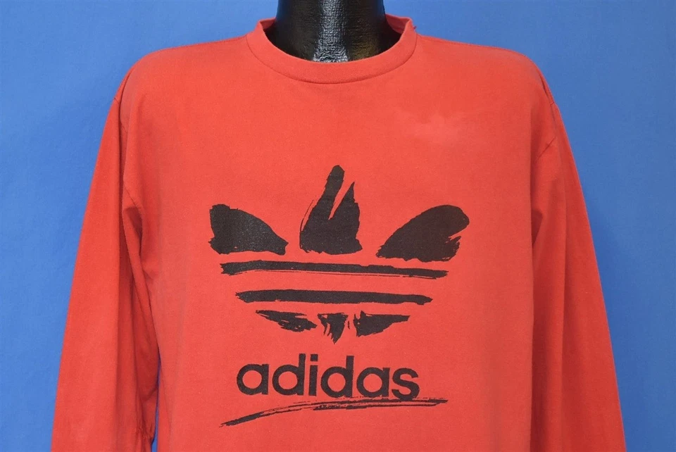 老式 80 年代 ADIDAS TREFOIL 标志红色黑色长袖 LS 美国制造 T 恤 XL — 第 1/4 张图片