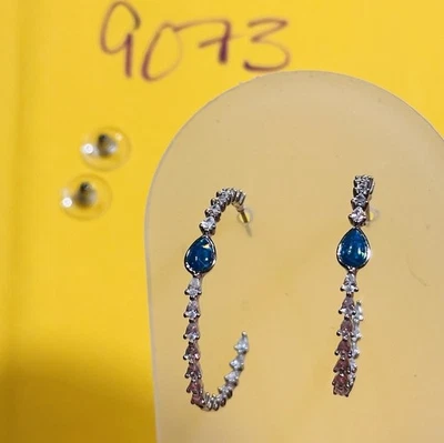 NIB Bomb Party Hoop Earrings RBP Blue Fire Opal & Cubic Zirconia Rhodium Pl - Image 1 of 4