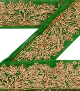 Sanskriti Vintage Saree Border Hand Beaded Zari 1Yd Trims 1W Ribbon Zari Green - Picture 1 of 6