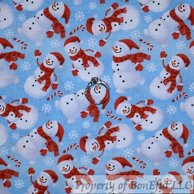 BonEful Fabric Cotton Quilt Blue White Snowman Snowflake Red Candy Cane MI SCRAP - Image 1 of 4
