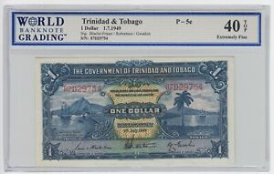 Trinidad & Tobago Banknote 1 Dollar 1949 P5e Rare WW2 Last Issue Harbor Palm XF