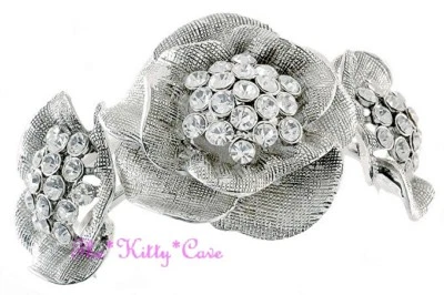 Textured Rose Trio Flower Floral Silver Hinged Cuff Bangle w/ Swarovski Crystals - Image 1 of 3