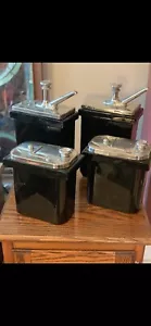 4 VINTAGE BLACK ANTIQUE SODA FOUNTAIN SYRUP PUMP & CERAMIC VESSELS & CONTAINERS - Picture 1 of 11