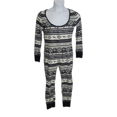 Pijama de algodão VS PINK fair isle preto e branco nórdico longo jane peça única G - Imagem 1 de 4