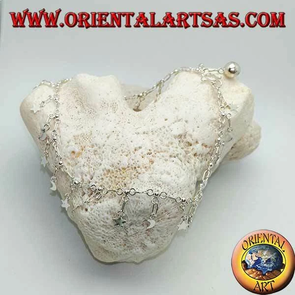 Cavigliera in Argento 925‰ con stelle e lune pendenti alternate e campanellino - Immagine 1 di 1