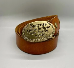 Vintage 1970s Success Comes to Those Who Hustle Wisely Brass Buckle Leather Belt - Picture 1 of 4