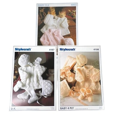 3 Stylecraft Baby Knitting Patterns DK & 4 Ply Sweaters Hats Booties Leggings - Image 1 of 4