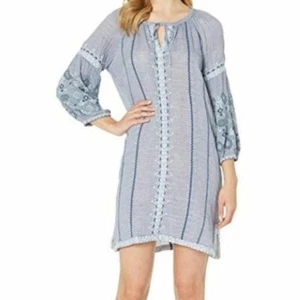 Johnny Was Embroidered Boho Tunic Dress Size L Blue Gray Peasant Balloon Sleeve - Picture 1 of 13