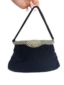 VTG Walborg 40s 50s Hand Beaded Purse Black Silver Made in France Glam hollywood - Picture 1 of 15