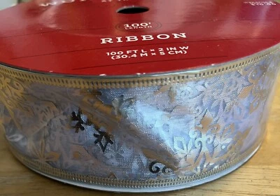 2" Wired Ribbon Metallic Banded Edge White Sheer with Silver Snowflakes, 100’ - Image 1 of 4