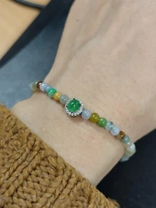 Natural Burma icy Colourful jadeite jade Beads Green Jadeite Silver Bracelet - Picture 1 of 5