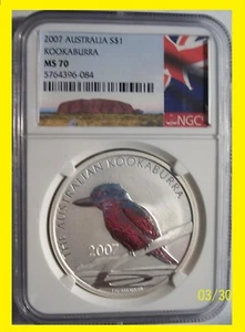 2007 $1 Australia Kookaburra 1 oz Silver Coin NGC MS 70 flag - Picture 1 of 2
