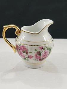 Vintage Porcelain Creamer Red Pink Roses Gold Gilt Trim Handle 3.5"x4" - Picture 1 of 7