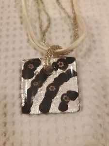 Silver, Black, & White Zebra Murano Glass Pendant w/ White & Silver Bead Cord - Picture 1 of 6