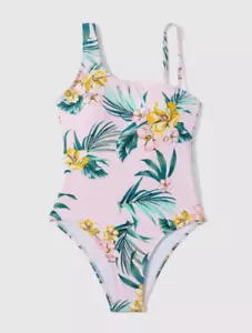 Girls Pink Tropical Print Asymmetrical Neck Swimsuit Size 7-8 See Size Chart - Picture 1 of 3