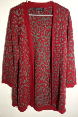 Cárdigan largo suéter Kasper para mujer rojo leopardo plateado negro 3/4 vacaciones grande L Foto 1 de 4