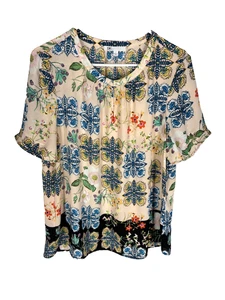 DANIEL RAINN Top L Floral Pleated Popover Ditzy Fairy Romantic Dainty Blouse - Picture 1 of 3